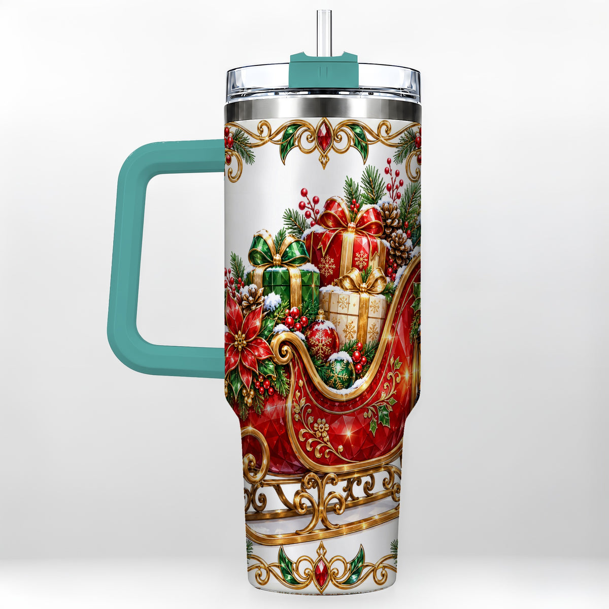 #pl[40oz|Green] Christmas Sleigh 40oz Tumbler with Handle, Festive Holiday Drinkware