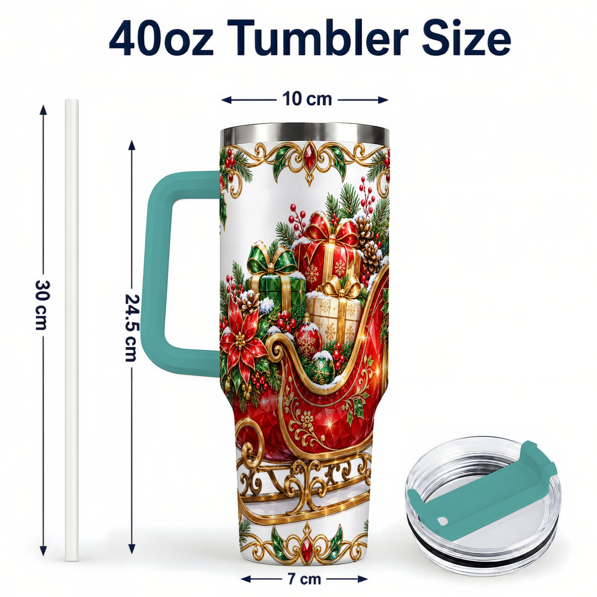 #pl[40oz|Green] Christmas Sleigh 40oz Tumbler with Handle, Festive Holiday Drinkware