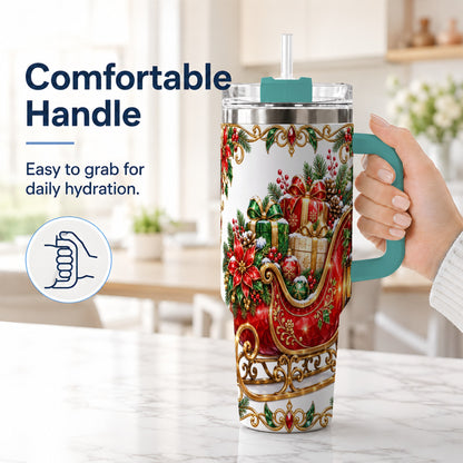 #pl[40oz|Green] Christmas Sleigh 40oz Tumbler with Handle, Festive Holiday Drinkware