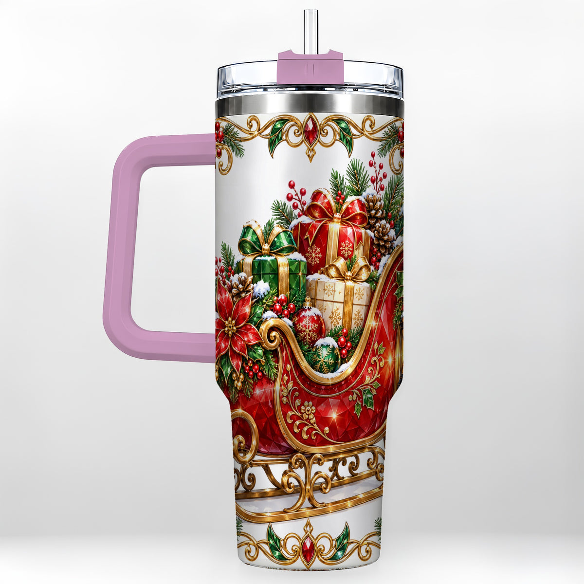 #pl[40oz|Pink] Christmas Sleigh 40oz Tumbler with Handle, Festive Holiday Drinkware