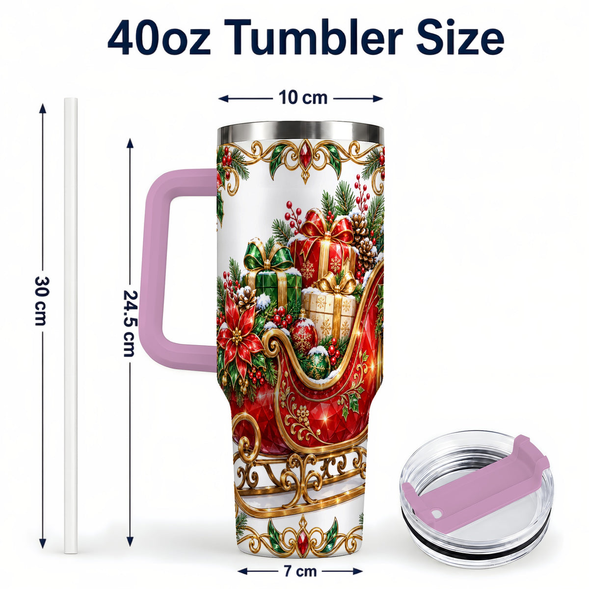 #pl[40oz|Pink] Christmas Sleigh 40oz Tumbler with Handle, Festive Holiday Drinkware