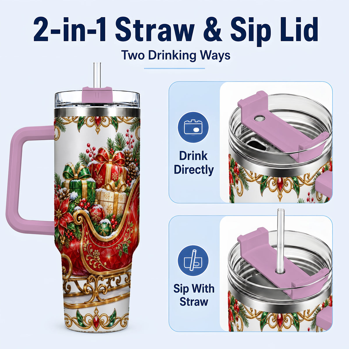 #pl[40oz|Pink] Christmas Sleigh 40oz Tumbler with Handle, Festive Holiday Drinkware
