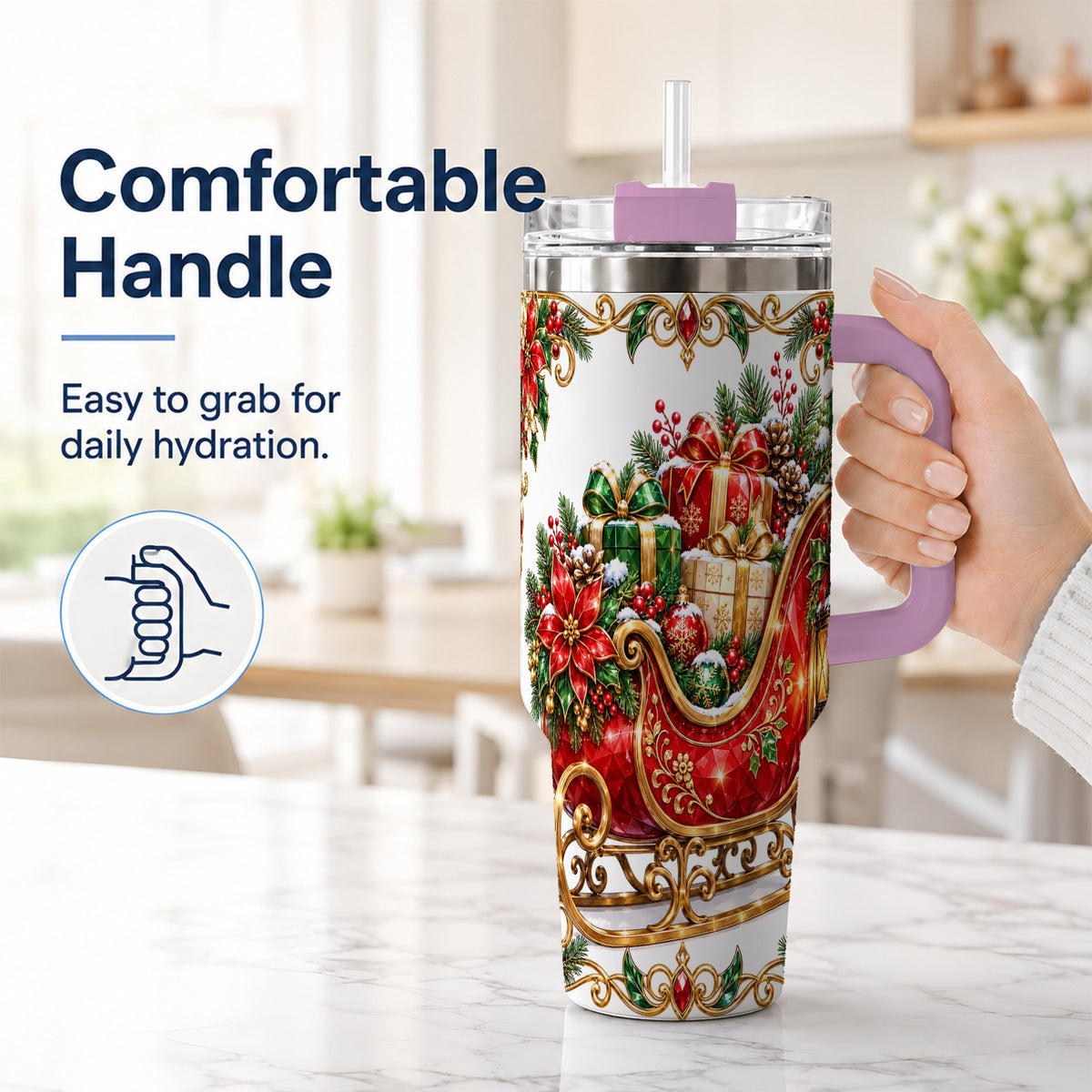 #pl[40oz|Pink] Christmas Sleigh 40oz Tumbler with Handle, Festive Holiday Drinkware