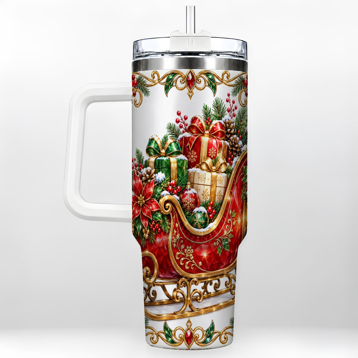 Christmas Sleigh 40oz Tumbler with Handle, Festive Holiday Drinkware