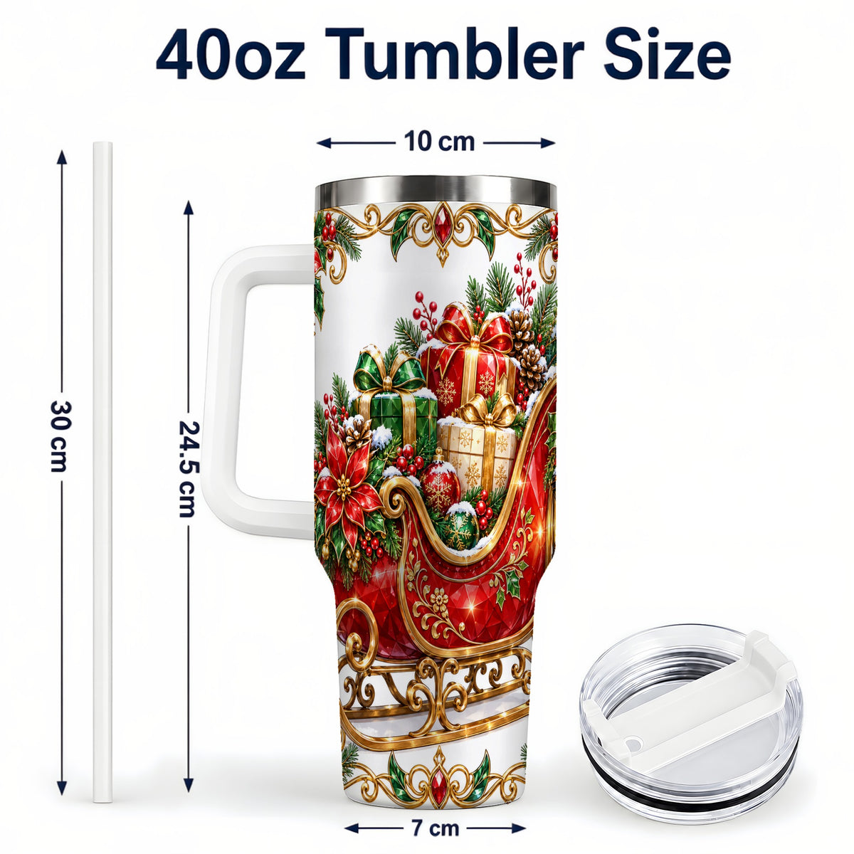 #pl[40oz|White] Christmas Sleigh 40oz Tumbler with Handle, Festive Holiday Drinkware