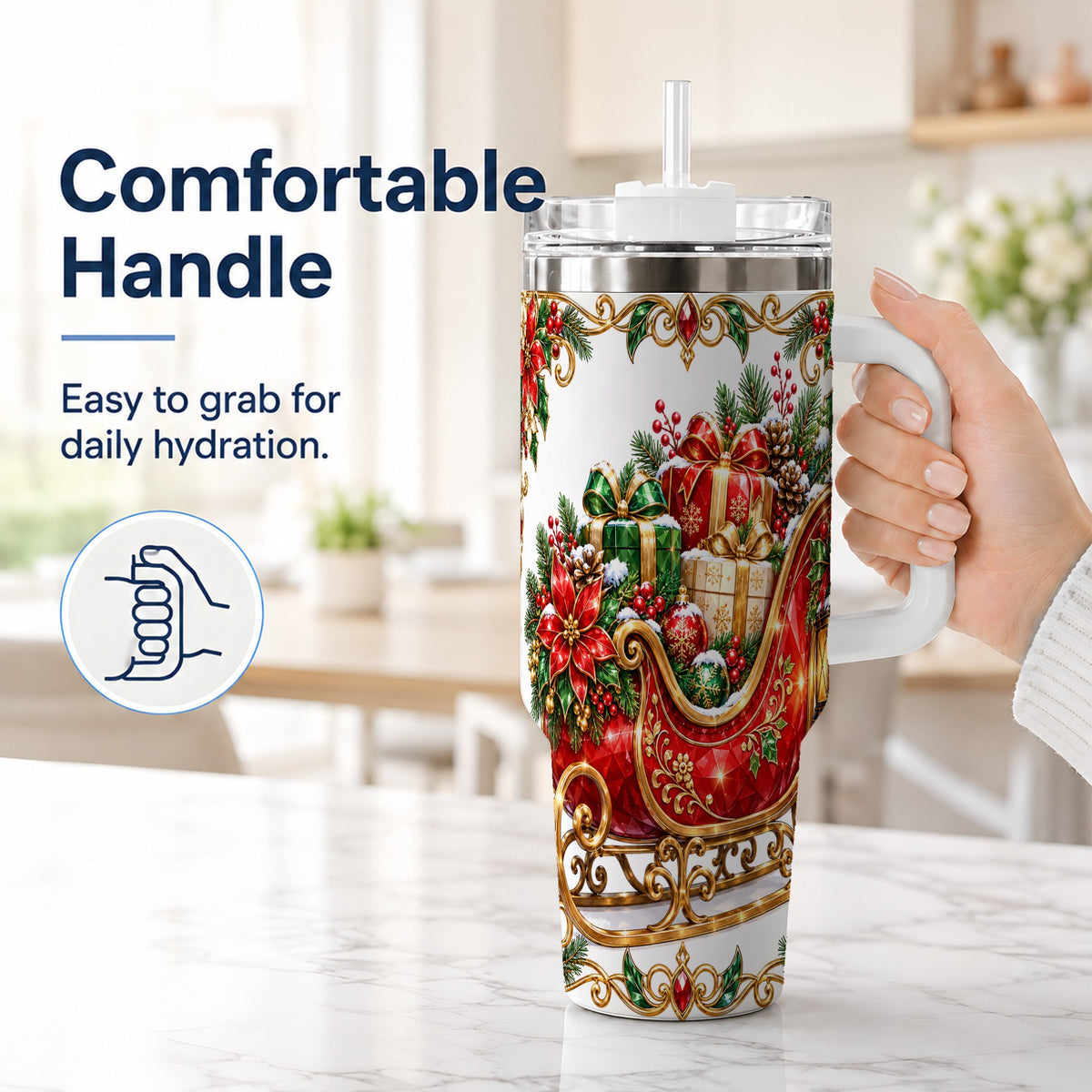 #pl[40oz|White] Christmas Sleigh 40oz Tumbler with Handle, Festive Holiday Drinkware