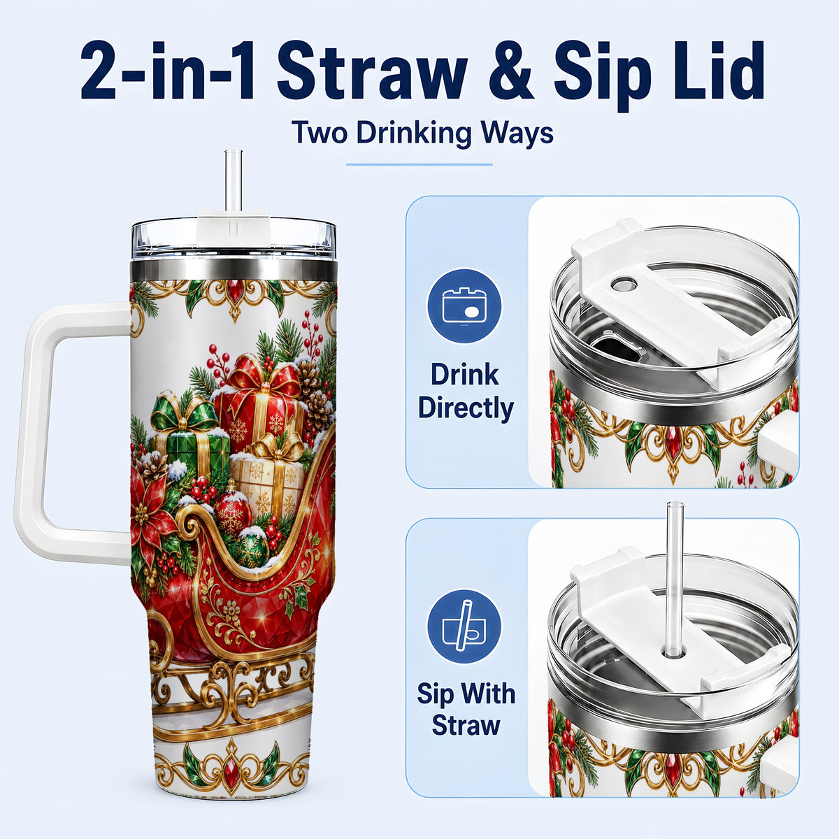 #pl[40oz|White] Christmas Sleigh 40oz Tumbler with Handle, Festive Holiday Drinkware