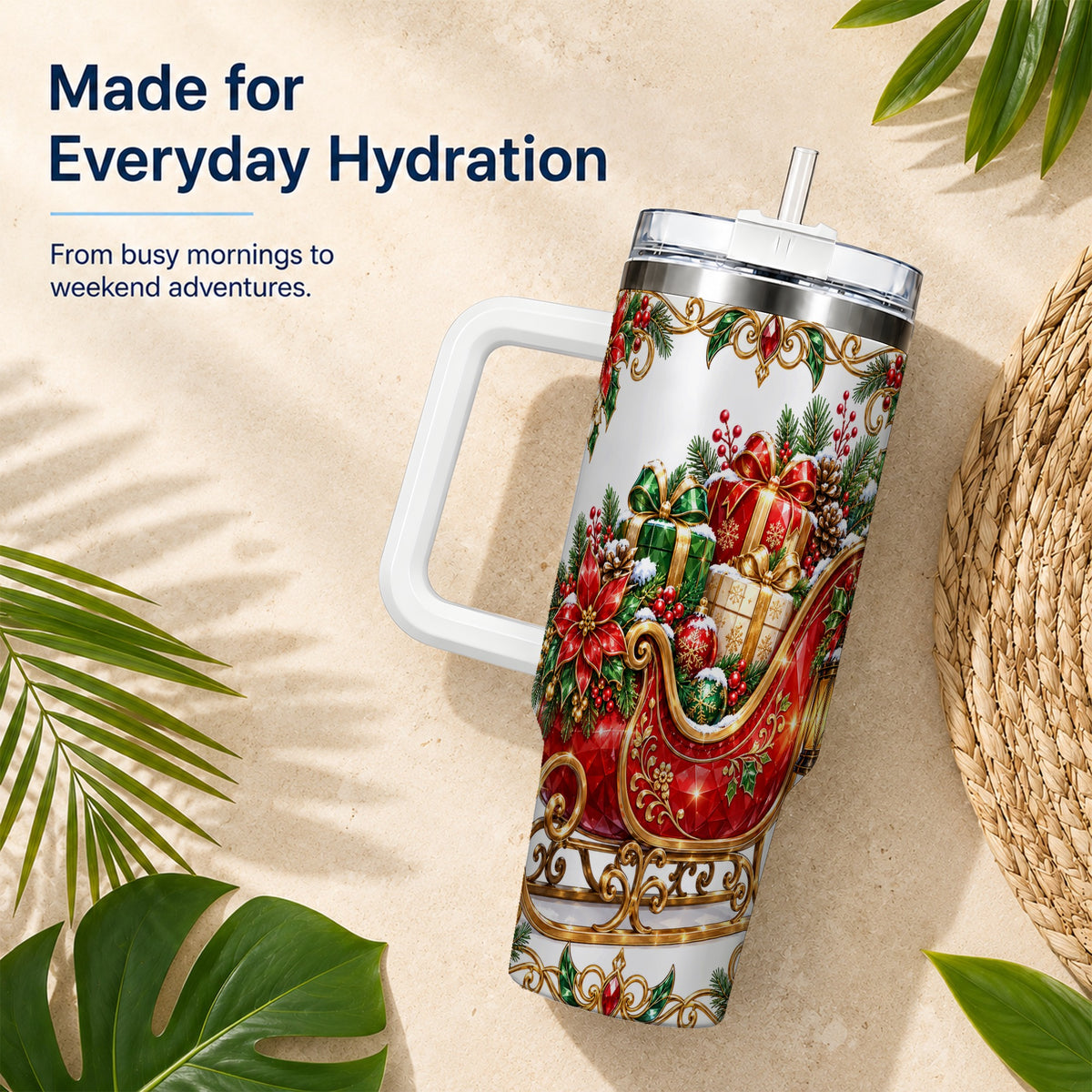 Christmas Sleigh 40oz Tumbler with Handle, Festive Holiday Drinkware