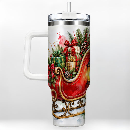 Vintage Sleigh 40oz Tumbler with Handle, Watercolor Christmas Design
