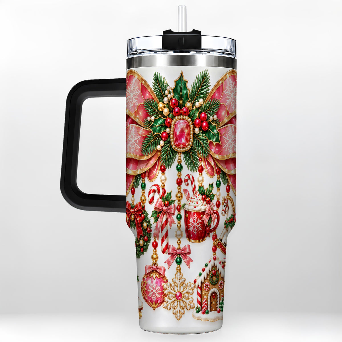 #pl[40oz|Black] Christmas Bow 40oz Tumbler with Handle, Jeweled Holiday Ornaments