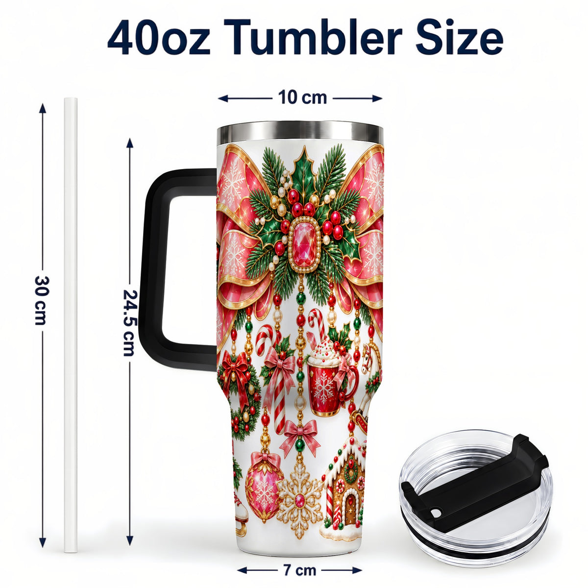 #pl[40oz|Black] Christmas Bow 40oz Tumbler with Handle, Jeweled Holiday Ornaments