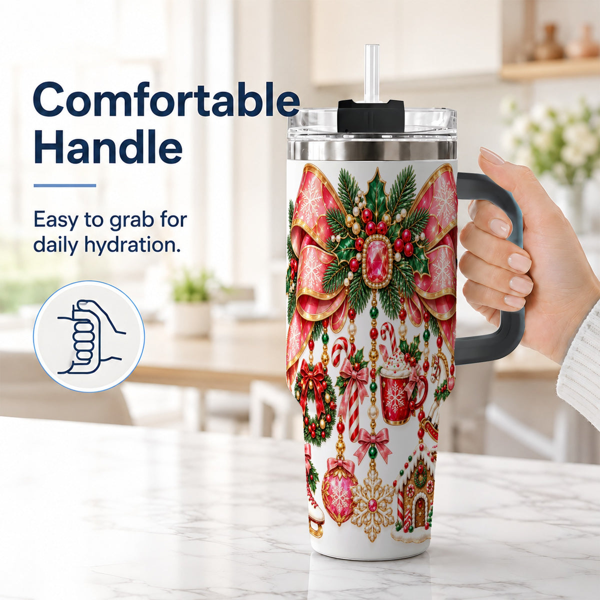 #pl[40oz|Black] Christmas Bow 40oz Tumbler with Handle, Jeweled Holiday Ornaments