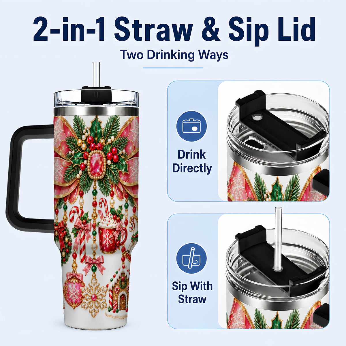 #pl[40oz|Black] Christmas Bow 40oz Tumbler with Handle, Jeweled Holiday Ornaments