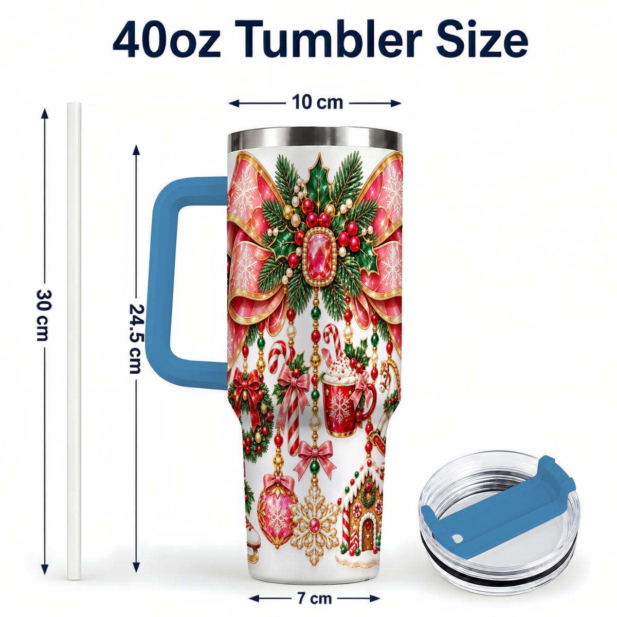 #pl[40oz|Blue] Christmas Bow 40oz Tumbler with Handle, Jeweled Holiday Ornaments