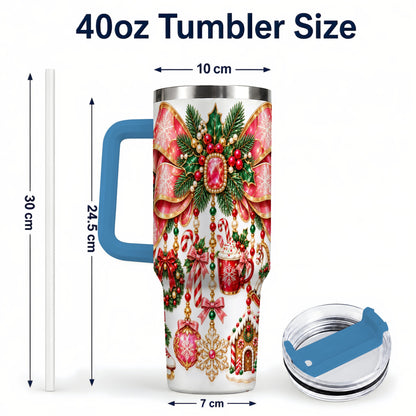#pl[40oz|Blue] Christmas Bow 40oz Tumbler with Handle, Jeweled Holiday Ornaments