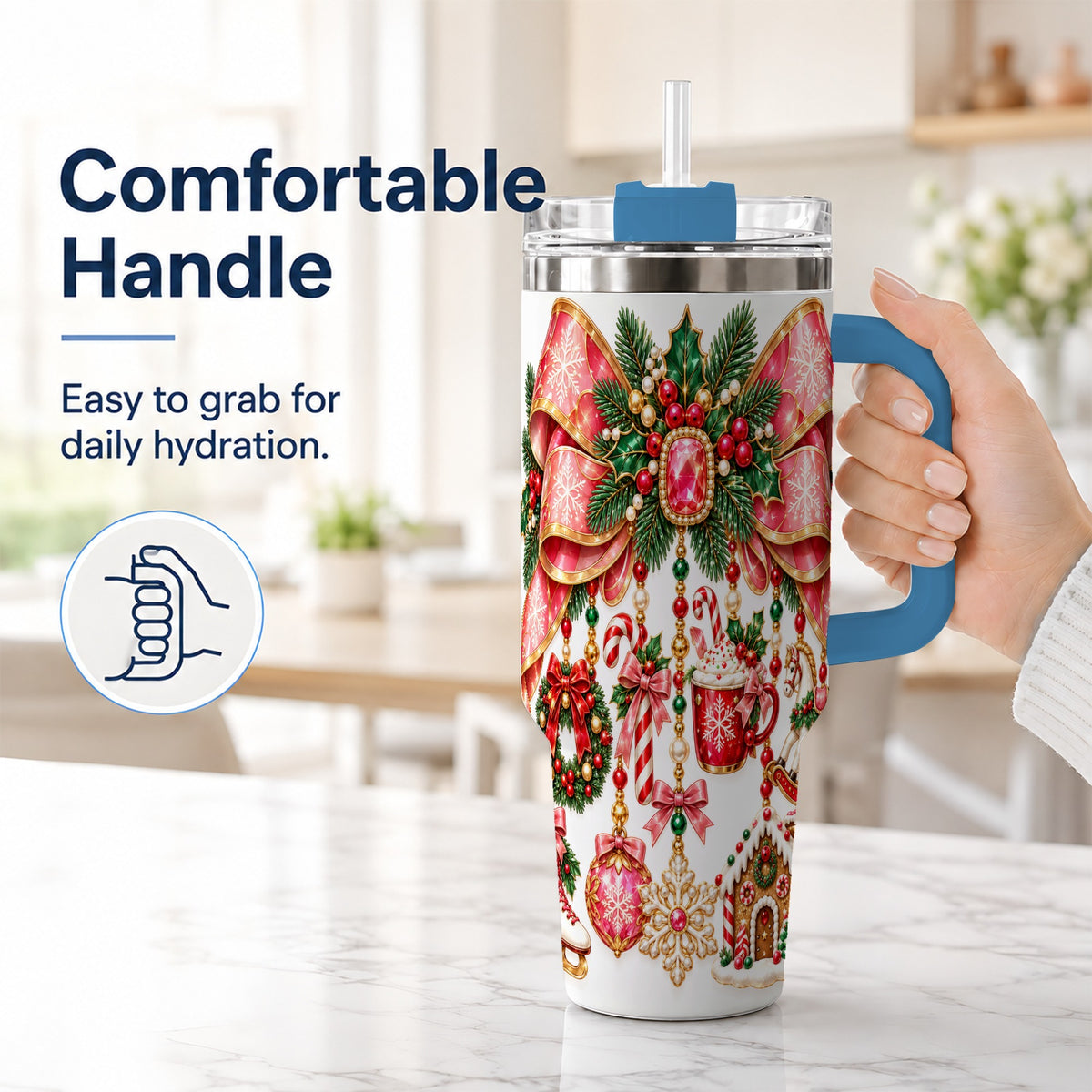 #pl[40oz|Blue] Christmas Bow 40oz Tumbler with Handle, Jeweled Holiday Ornaments