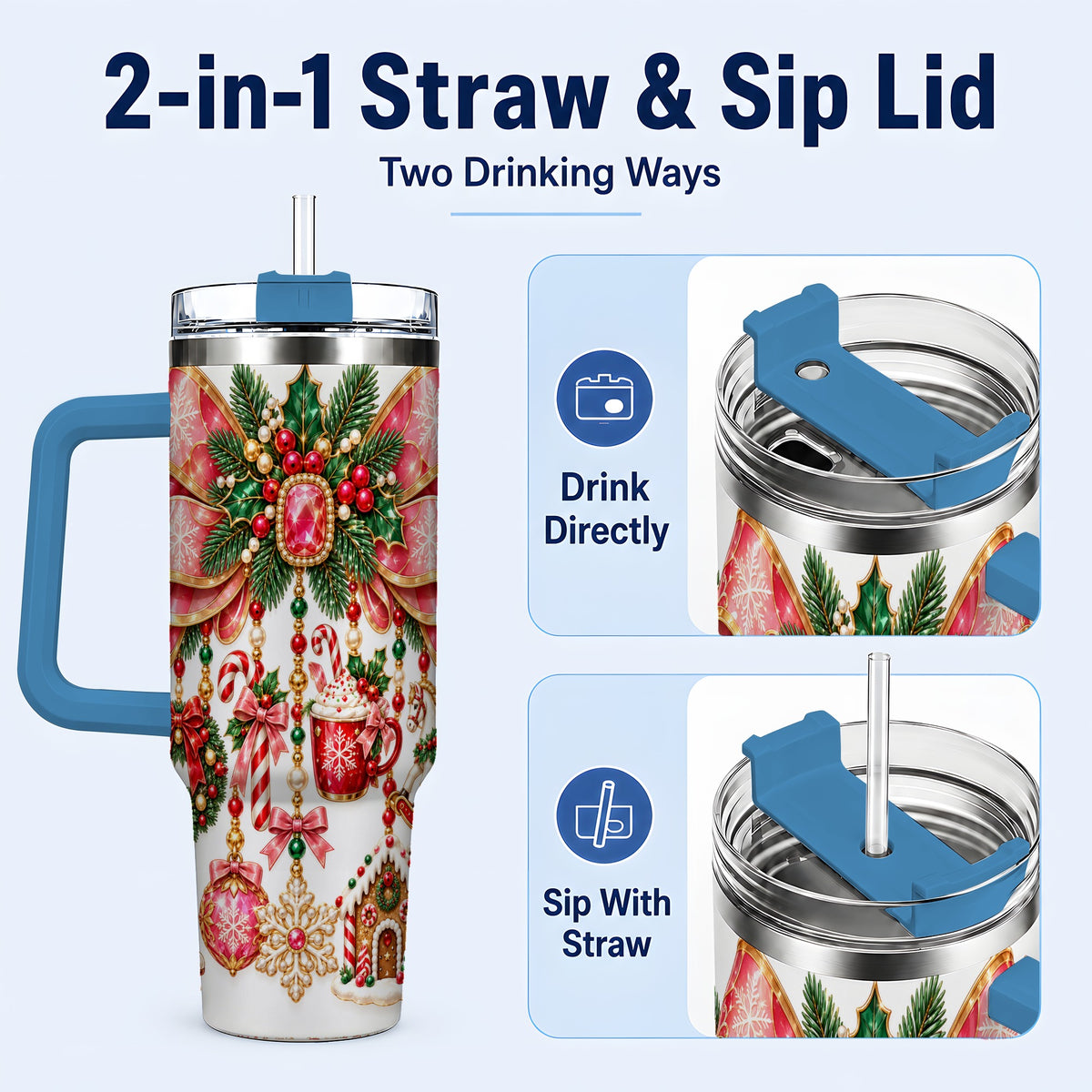 #pl[40oz|Blue] Christmas Bow 40oz Tumbler with Handle, Jeweled Holiday Ornaments