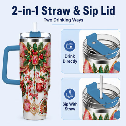 #pl[40oz|Blue] Christmas Bow 40oz Tumbler with Handle, Jeweled Holiday Ornaments