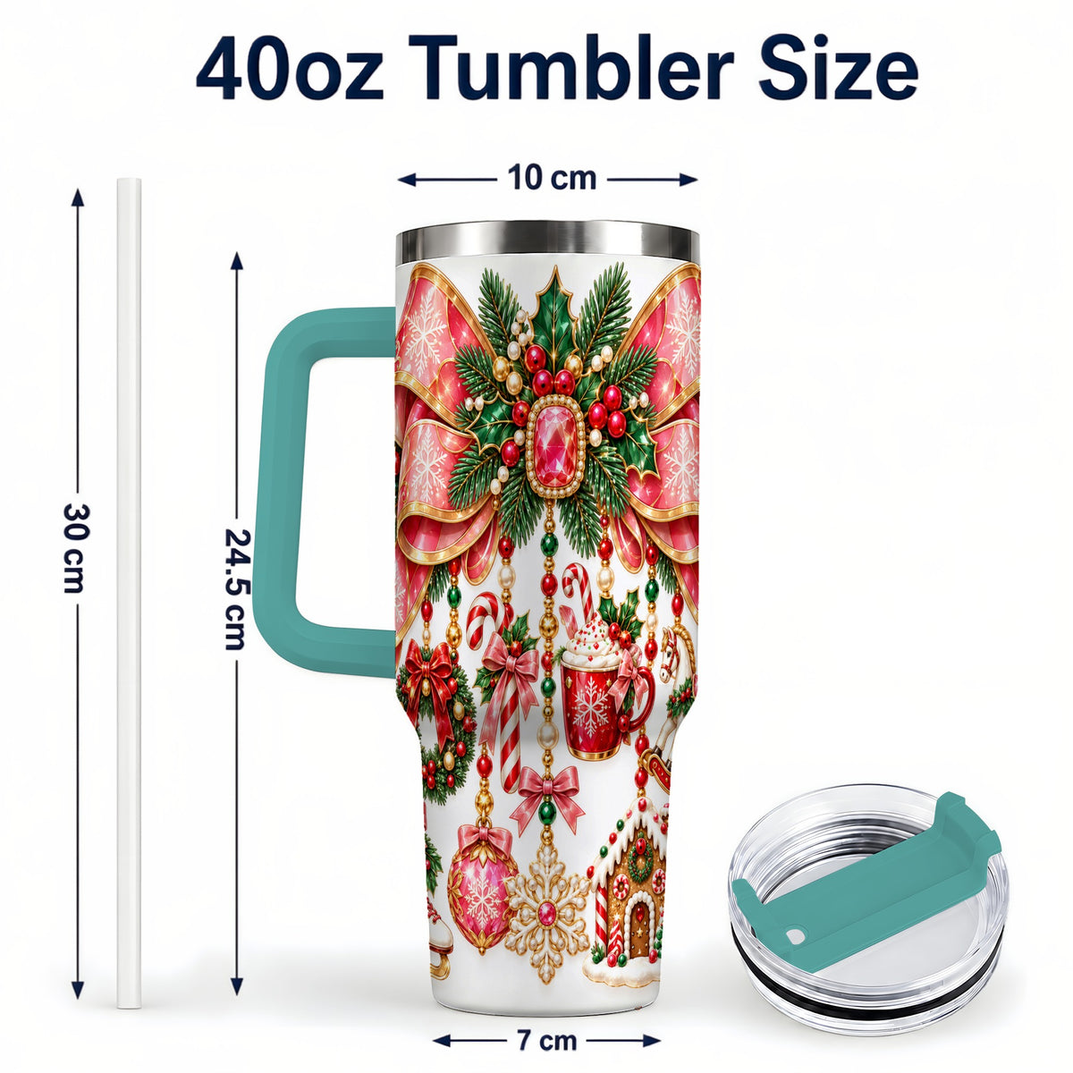 #pl[40oz|Green] Christmas Bow 40oz Tumbler with Handle, Jeweled Holiday Ornaments