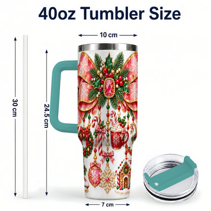#pl[40oz|Green] Christmas Bow 40oz Tumbler with Handle, Jeweled Holiday Ornaments