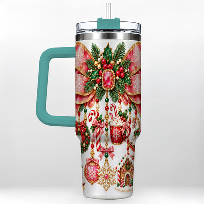 #pl[40oz|Green] Christmas Bow 40oz Tumbler with Handle, Jeweled Holiday Ornaments