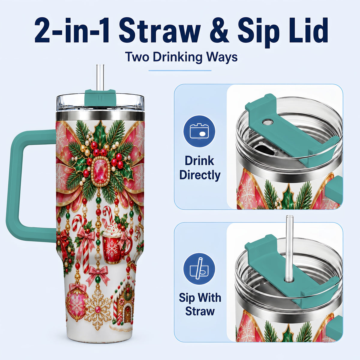 #pl[40oz|Green] Christmas Bow 40oz Tumbler with Handle, Jeweled Holiday Ornaments