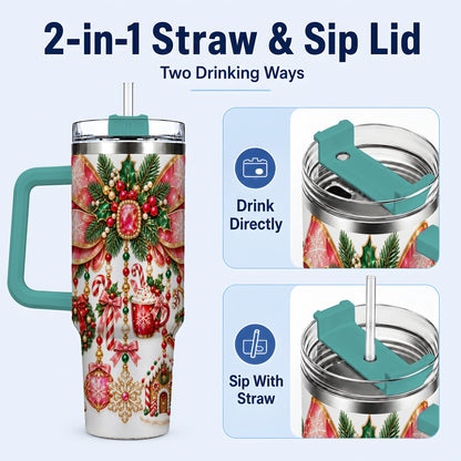 #pl[40oz|Green] Christmas Bow 40oz Tumbler with Handle, Jeweled Holiday Ornaments