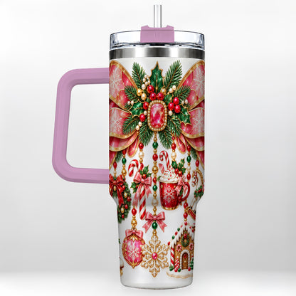 #pl[40oz|Pink] Christmas Bow 40oz Tumbler with Handle, Jeweled Holiday Ornaments
