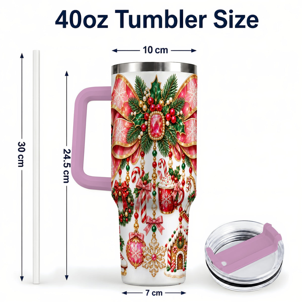 #pl[40oz|Pink] Christmas Bow 40oz Tumbler with Handle, Jeweled Holiday Ornaments