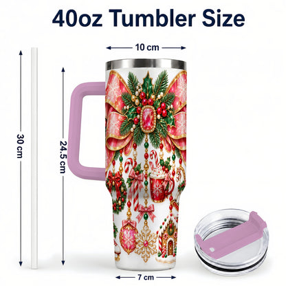 #pl[40oz|Pink] Christmas Bow 40oz Tumbler with Handle, Jeweled Holiday Ornaments