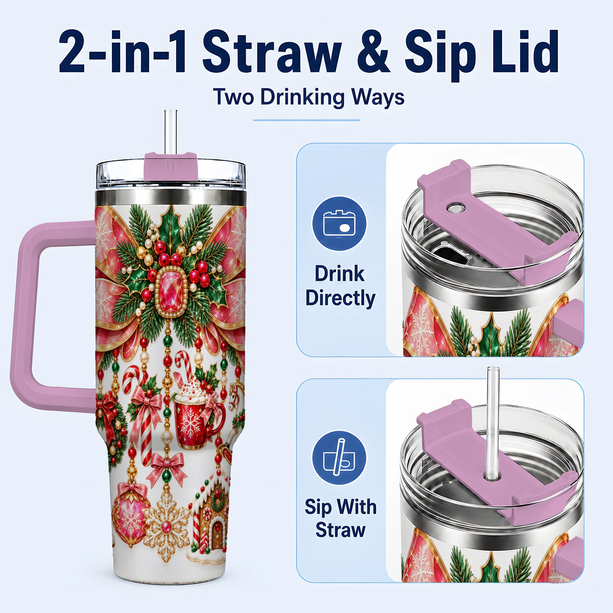 #pl[40oz|Pink] Christmas Bow 40oz Tumbler with Handle, Jeweled Holiday Ornaments