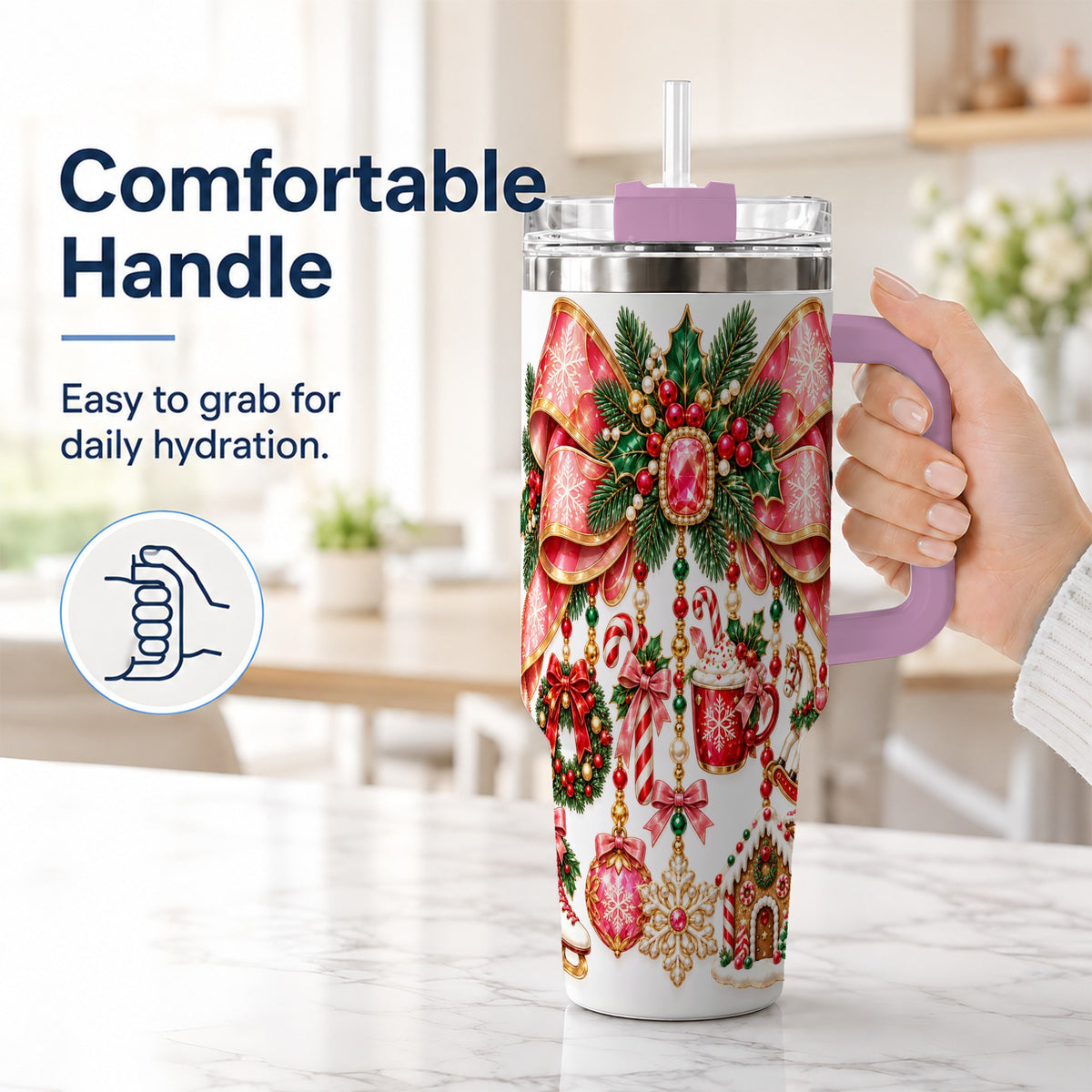 #pl[40oz|Pink] Christmas Bow 40oz Tumbler with Handle, Jeweled Holiday Ornaments