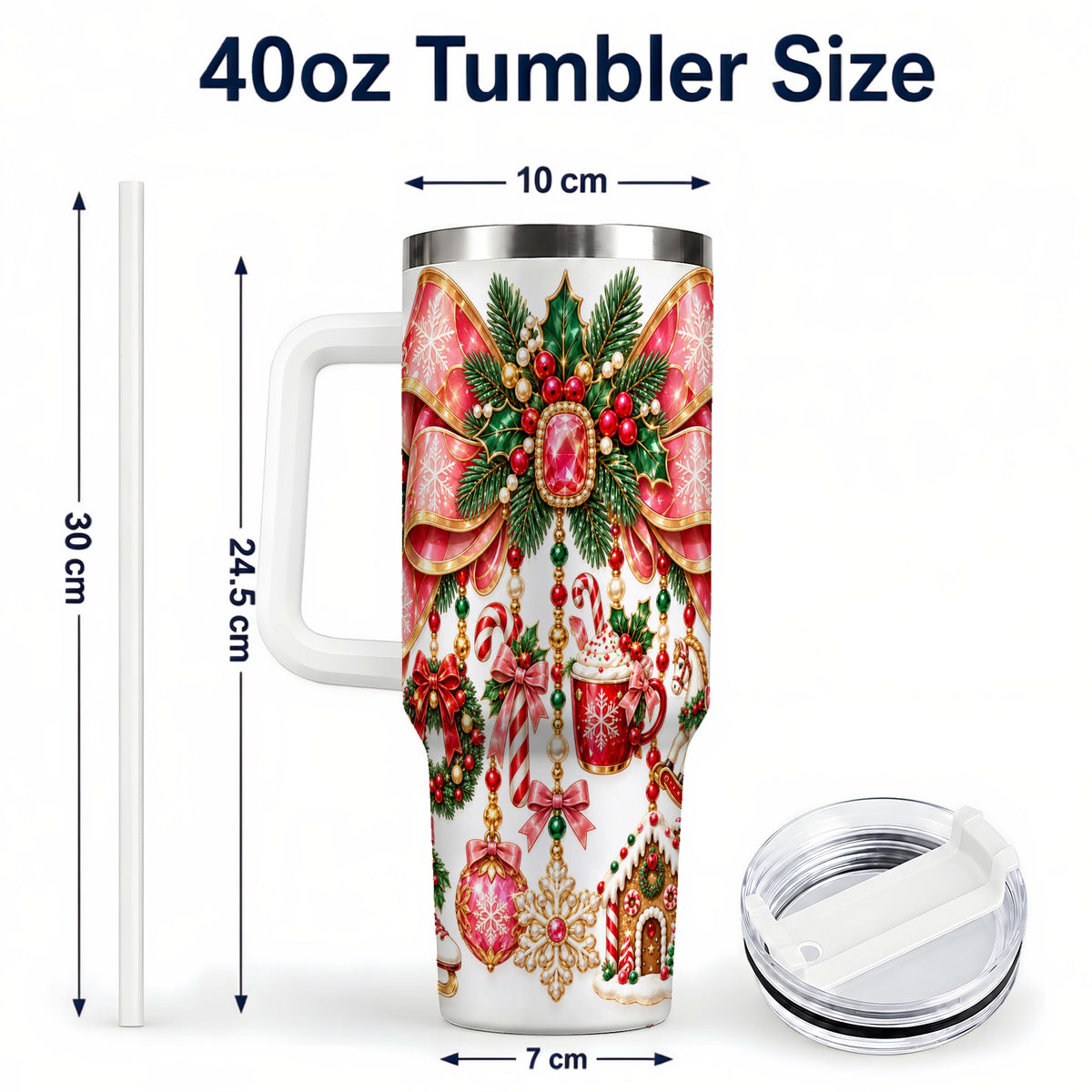 #pl[40oz|White] Christmas Bow 40oz Tumbler with Handle, Jeweled Holiday Ornaments
