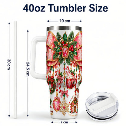 #pl[40oz|White] Christmas Bow 40oz Tumbler with Handle, Jeweled Holiday Ornaments