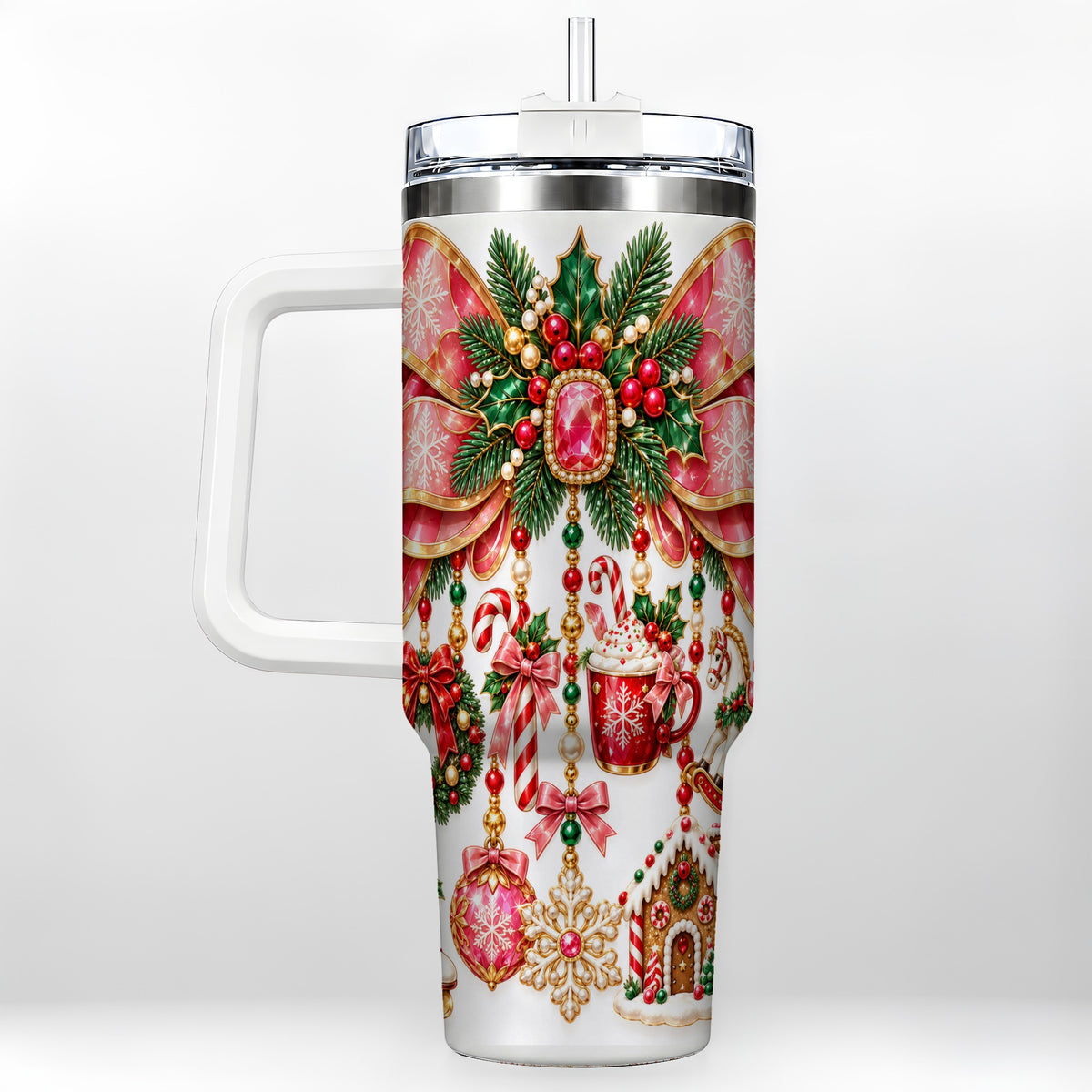Christmas Bow 40oz Tumbler with Handle, Jeweled Holiday Ornaments