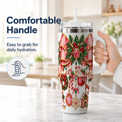 #pl[40oz|White] Christmas Bow 40oz Tumbler with Handle, Jeweled Holiday Ornaments
