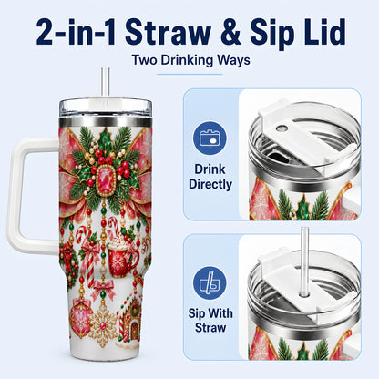 #pl[40oz|White] Christmas Bow 40oz Tumbler with Handle, Jeweled Holiday Ornaments