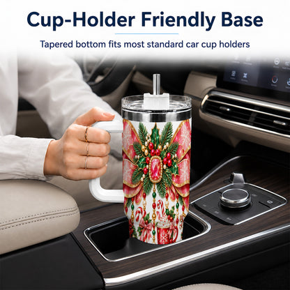 Christmas Bow 40oz Tumbler with Handle, Jeweled Holiday Ornaments