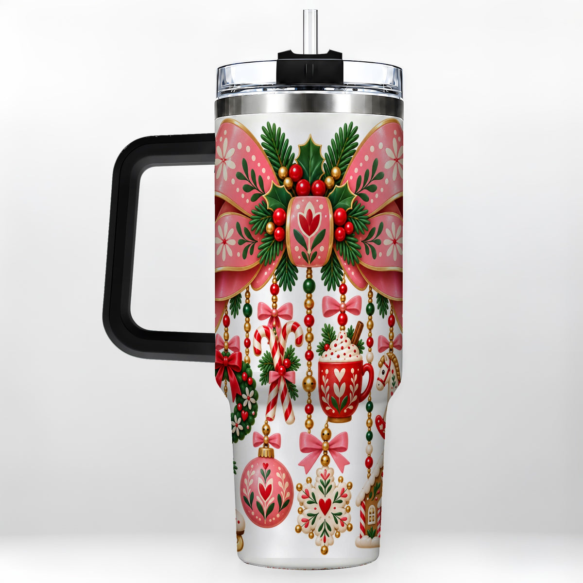 #pl[40oz|Black] Pink Bow 40oz Tumbler with Handle, Scandinavian Folk Christmas Art