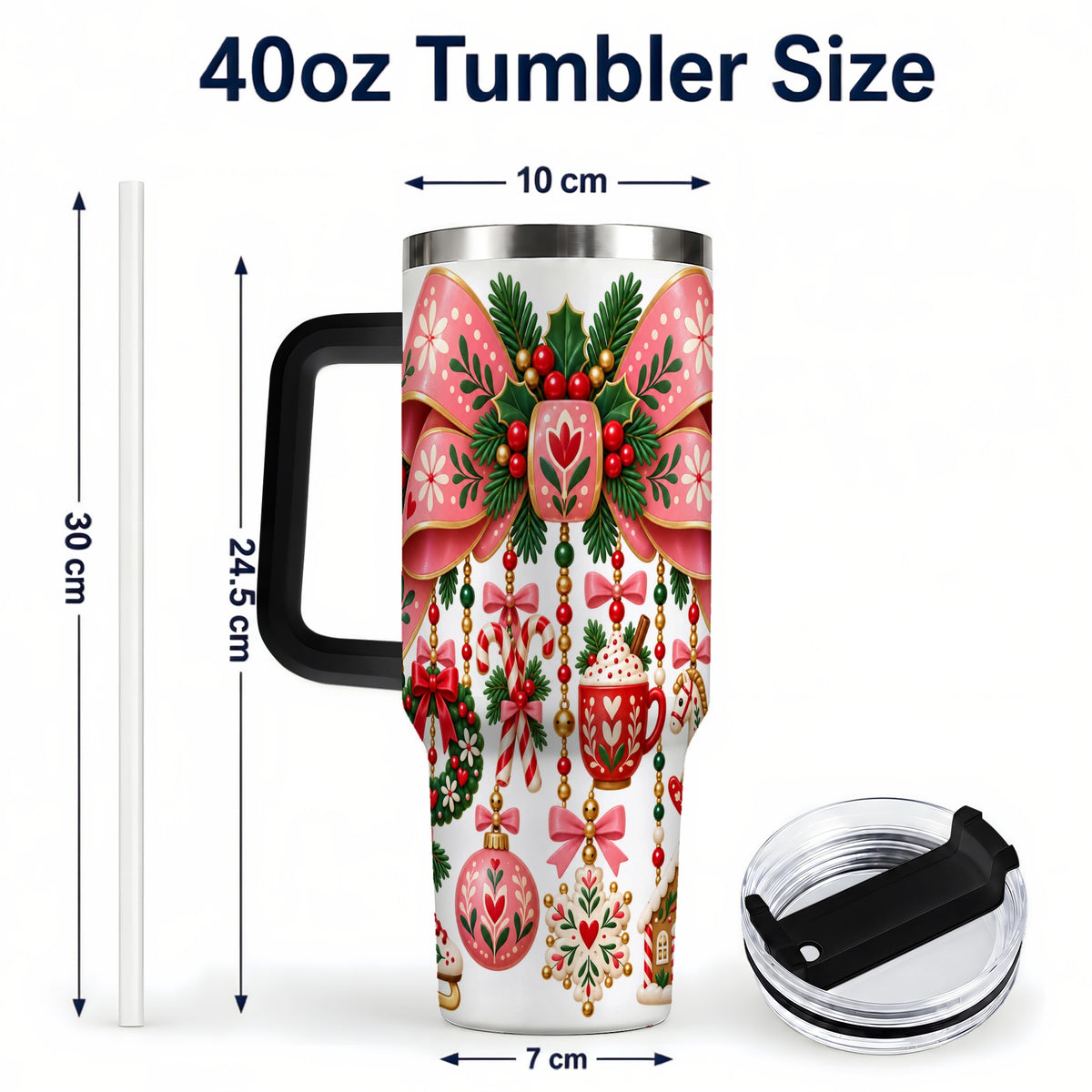 #pl[40oz|Black] Pink Bow 40oz Tumbler with Handle, Scandinavian Folk Christmas Art