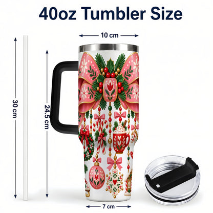 #pl[40oz|Black] Pink Bow 40oz Tumbler with Handle, Scandinavian Folk Christmas Art