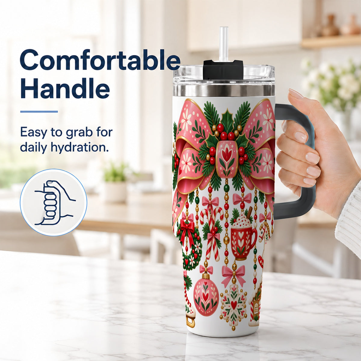 #pl[40oz|Black] Pink Bow 40oz Tumbler with Handle, Scandinavian Folk Christmas Art
