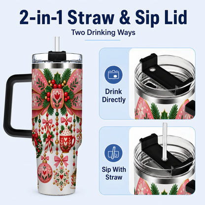 #pl[40oz|Black] Pink Bow 40oz Tumbler with Handle, Scandinavian Folk Christmas Art