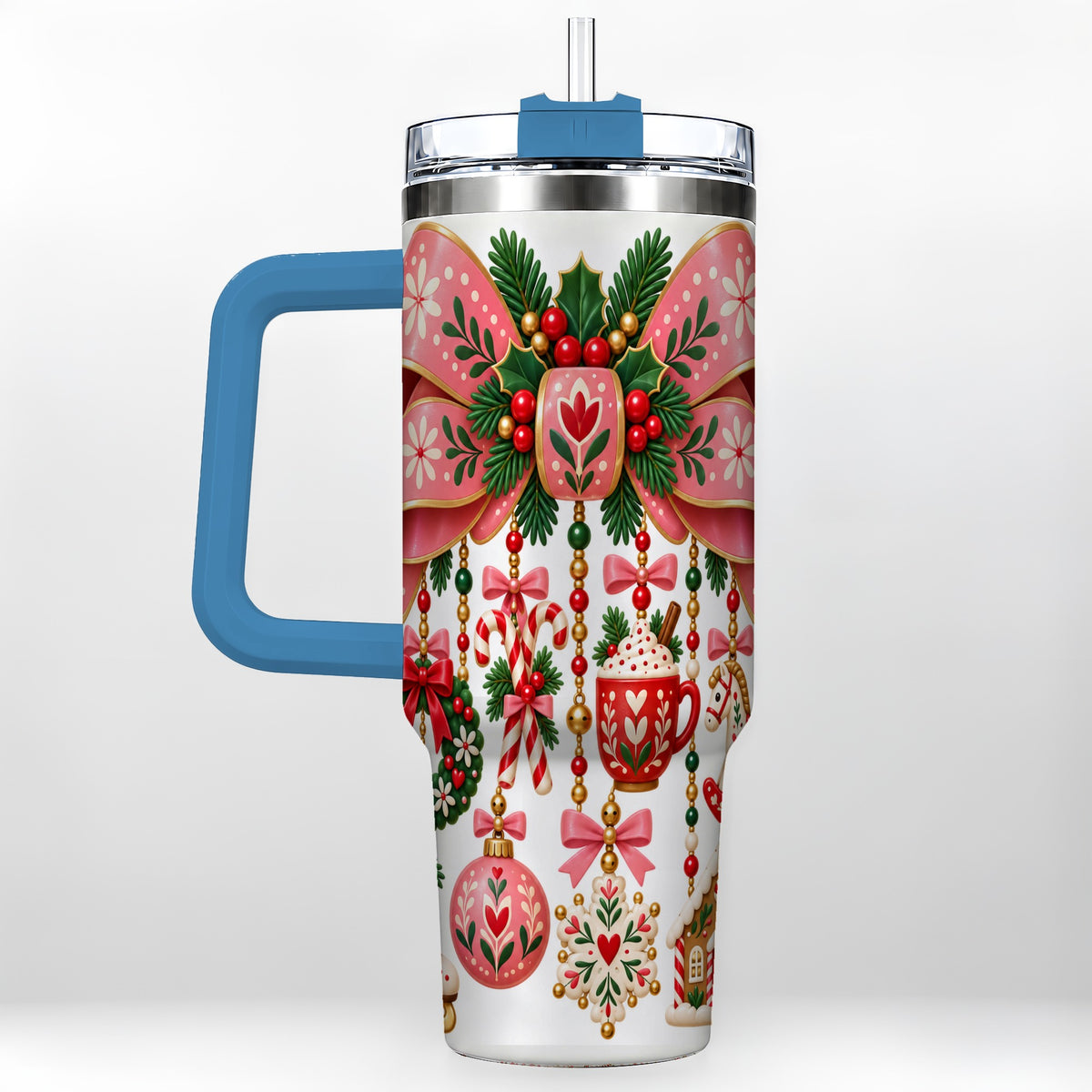 #pl[40oz|Blue] Pink Bow 40oz Tumbler with Handle, Scandinavian Folk Christmas Art