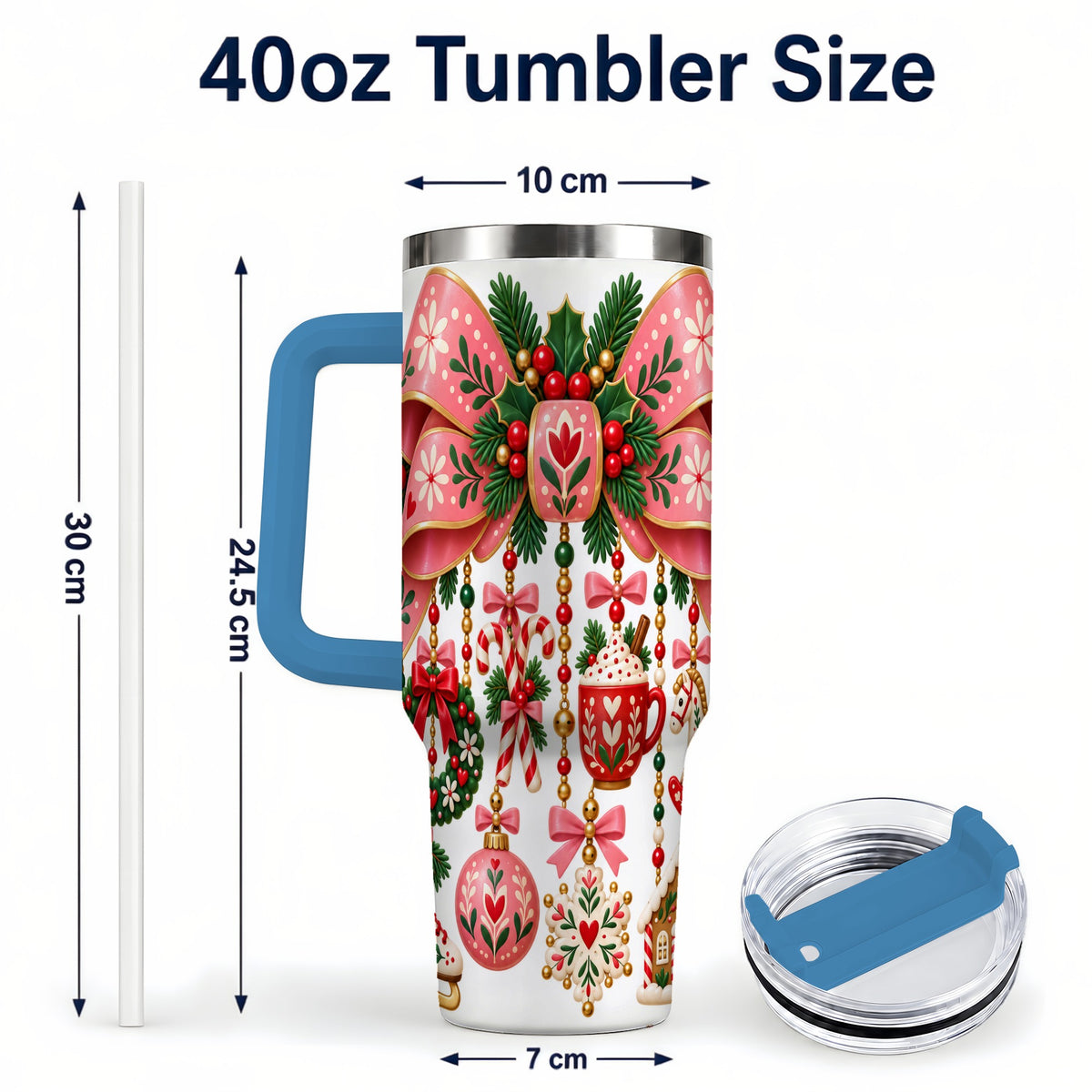#pl[40oz|Blue] Pink Bow 40oz Tumbler with Handle, Scandinavian Folk Christmas Art