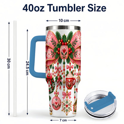 #pl[40oz|Blue] Pink Bow 40oz Tumbler with Handle, Scandinavian Folk Christmas Art