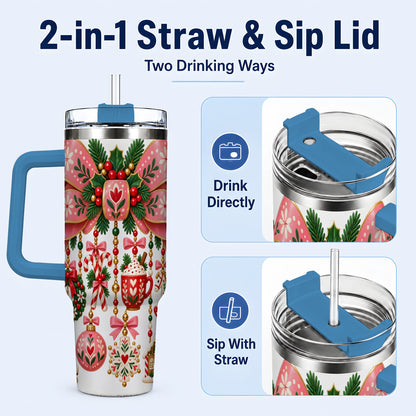 #pl[40oz|Blue] Pink Bow 40oz Tumbler with Handle, Scandinavian Folk Christmas Art