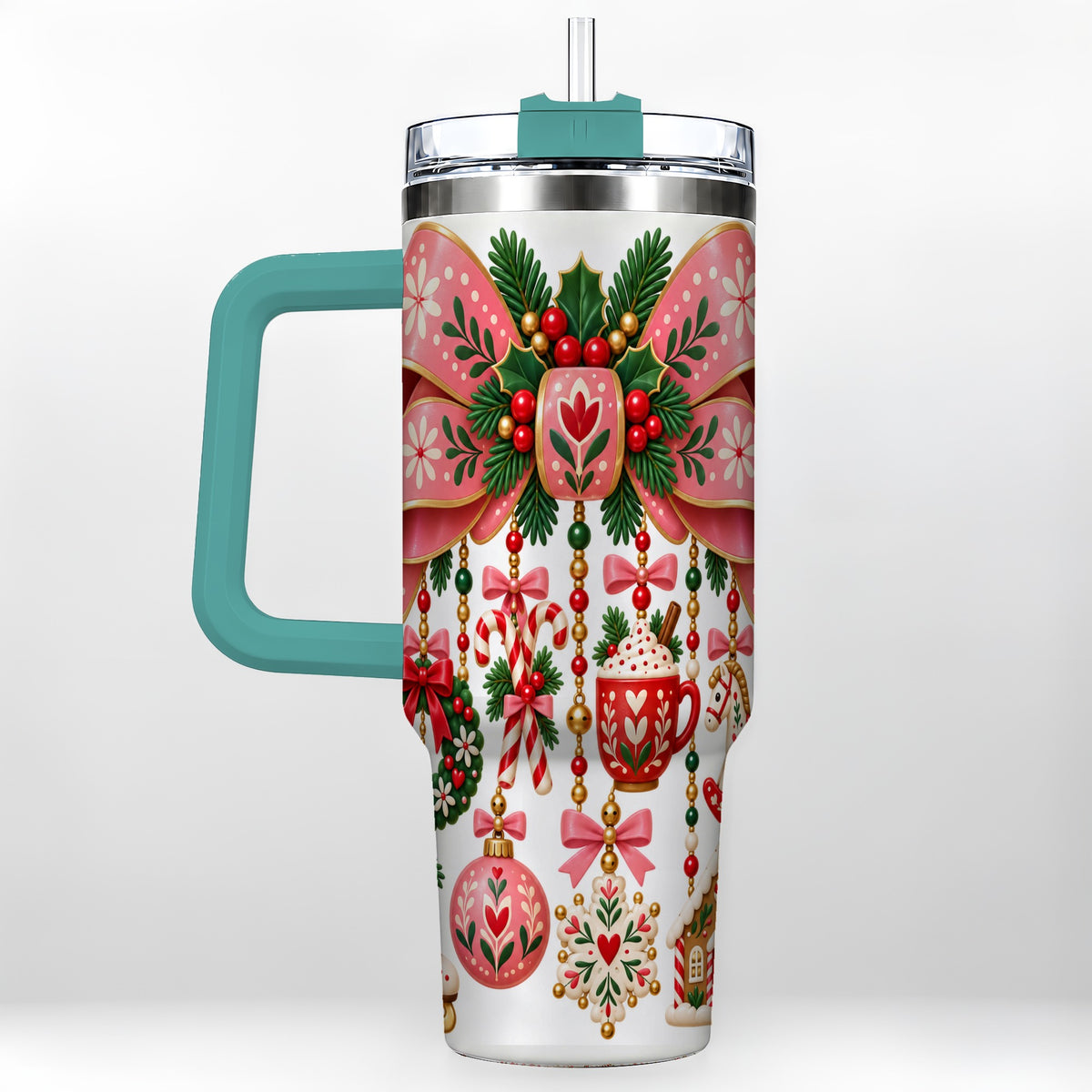 #pl[40oz|Green] Pink Bow 40oz Tumbler with Handle, Scandinavian Folk Christmas Art