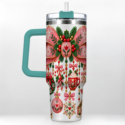 #pl[40oz|Green] Pink Bow 40oz Tumbler with Handle, Scandinavian Folk Christmas Art