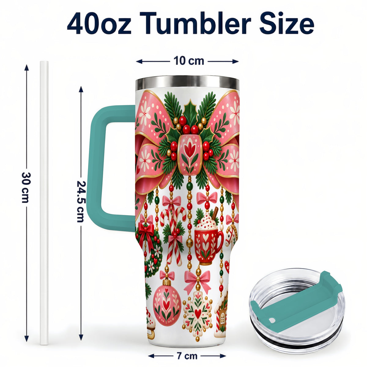 #pl[40oz|Green] Pink Bow 40oz Tumbler with Handle, Scandinavian Folk Christmas Art